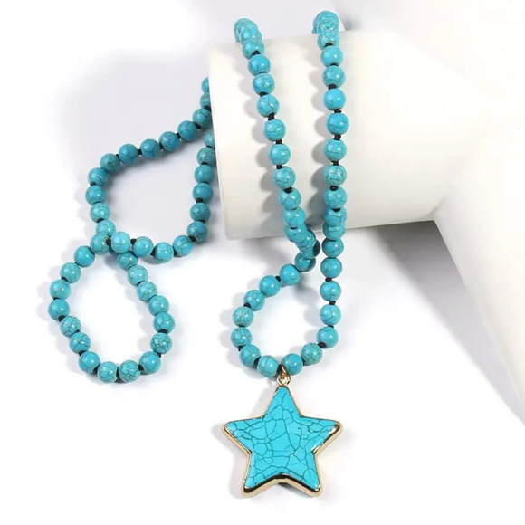 Turquoise Star Natural Stone Beads Bohemian Western Necklace - Picture 4 of 9
